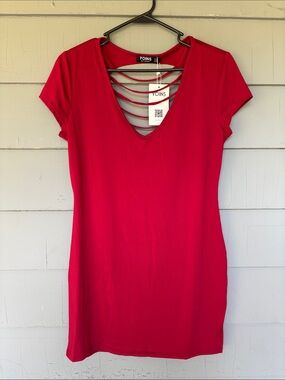 YOINS Red V-Neck Ladder-Back T-Shirt Dress